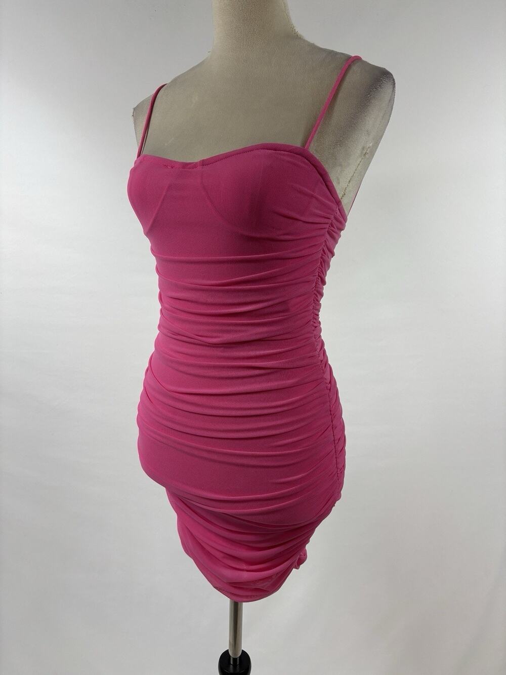 Superdown Emme Mini Dress Bright Bubblegum Pink XS Mesh Bodycon Ruched Shirred